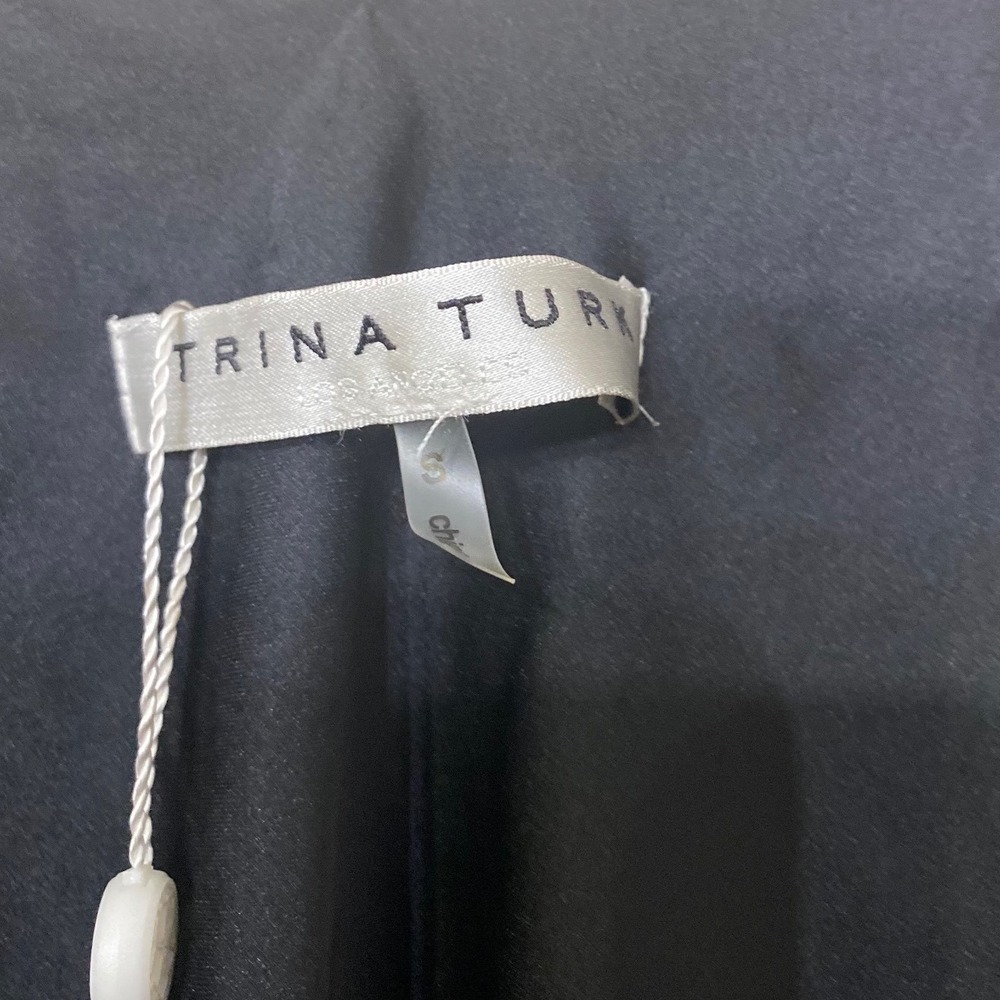 Trina Turk Geometric Dress Navy Blue Asymmetrical Hem Metallic Stripe - Picture 4 of 5